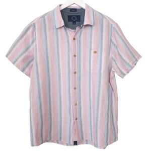 Even Tide Linen Blend Shirt L Sunset Stripe Blue Pink Orange Resort Coastal Mens